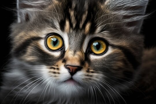 The face of a cat up close. A picture of a girl kitten. Cat looks alert and interested. A clear picture of the face of a cat with yellow eyes. Face of a cute cat up close. Generative AI
