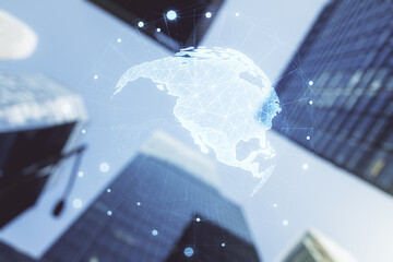 Virtual digital map of North America on office buildings background, international trading concept. Multiexposure