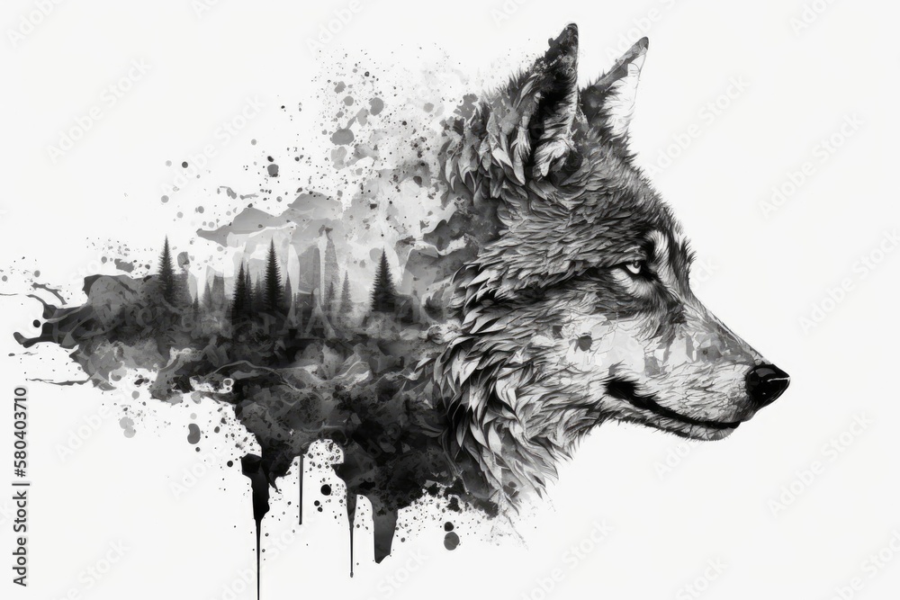 Poster the head of a wolf on a white background with double exposure. retro design graphic element. this pi