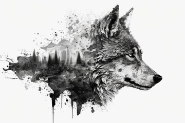 The head of a wolf on a white background with double exposure. Retro design graphic element. This picture would be great for a mascot, a tattoo, or a design on a T shirt. Stock illustration - obrazy, fototapety, plakaty