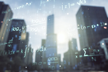 Abstract scientific formula hologram on office buildings background. Multiexposure