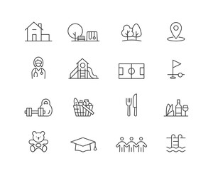 Residential community Icon collection containing 16 editable stroke icons. Perfect for logos, stats and infographics. Change the thickness of the line in Adobe Illustrator (or any vector capable app).