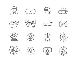 VR Virtual Reality Icon collection containing 16 editable stroke icons. Perfect for logos, stats and infographics. Change the thickness of the line in Adobe Illustrator (or any vector capable app).
