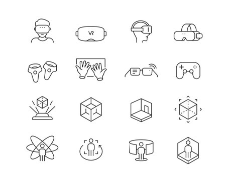 VR Virtual Reality Icon collection containing 16 editable stroke icons. Perfect for logos, stats and infographics. Change the thickness of the line in Adobe Illustrator (or any vector capable app).