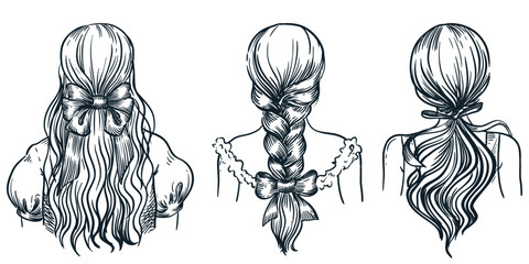 Women fashion hairstyles set. Vector hand drawn sketch illustration of female hair in braid and tail with bow ribbon - obrazy, fototapety, plakaty