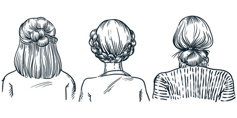 Women fashion hairstyles set. Vector hand drawn sketch illustration of female hair in bun and braid arround head - 580404575