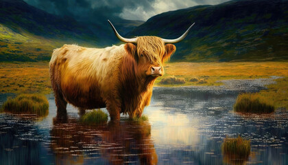 Illustrated watercolor paintings of highland cows set in the highlands of Scotland during fall or spring. - obrazy, fototapety, plakaty
