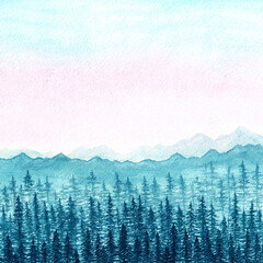 Hand drawn watercolor forest lanscape mock up in blue and pink tones with copy space. Iillustration of coniferous wood and mountains. Design elements. © Sunny_Smile