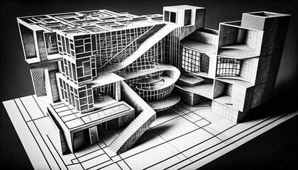 Projet de bâtiment contemporain en perspective, dessin d'architecte - Générative iA