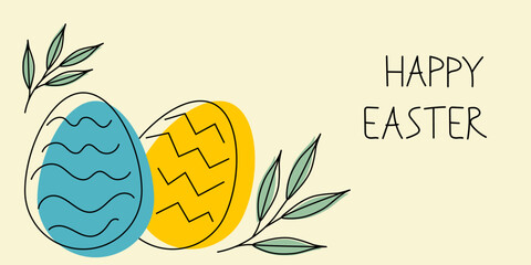 Easter background with outline egg and twigs. Linear illustration and hand lettering text. Happy easter banner.