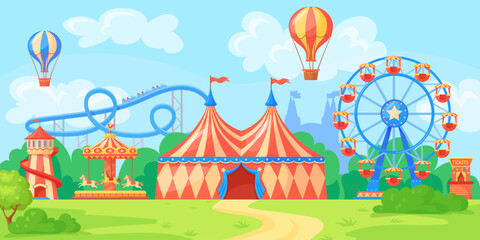 Fairground landscape. Panoramic amusement park, city entertainment in daytime fun festival carnival theme circus background, funfair carousel rollercoaster neat vector illustration © ssstocker