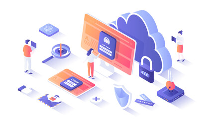 Internet security. Data protection concept. Safety and confidential data protection. Safe internet technologies. Isometry illustration with people scene for web graphic.