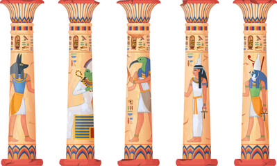 Egypt columns. Pillars of ancient egyptian temple, old stone or clay column with god pharaohs engraving, capital sun throne temples ruins, cartoon ingenious vector illustration - obrazy, fototapety, plakaty