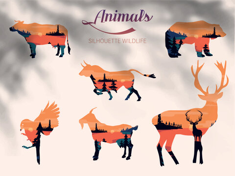 Set of silhouette wild animals, Inside a pine forest,  collection silhouette vintage concept with forest and mountains sunset landscape inside animals shape isolated vector illustration.