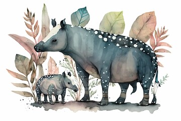 The mother tapir and her cub. Watercolor drawing made by hand. Generative AI - obrazy, fototapety, plakaty