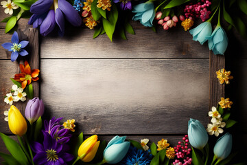 Floral banner, spring flower mix with empty space for copy text, wooden background.