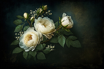 Floral banner, spring natural flower mix isolated on dark background, for wallpaper greeting card or headers.