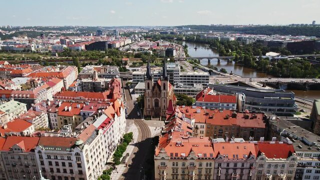 Prague Church St Antony of Padua Still Life Full View Plaza Historical Monument Aerieal Drone
