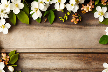 Floral banner, spring flower mix with empty space for copy text, wooden background.
