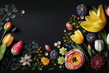 Floral banner, natural spring flower mix background with empty space for copy text.