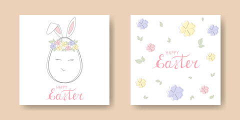 A set of festive cards with outline of cute Easter egg and flowers. Hand lettering text.