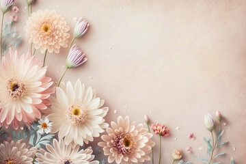 Floral banner, natural spring flower mix isolated on soft pastel background banner with empty space for copy text. Header, wallpaper or greeting card. 