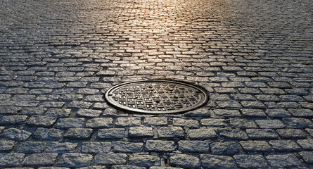 Sunlight shining on a manhole cover in an old cobblestone street in New York City - 580406957