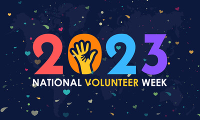 2023 concept National Volunteer week. volunteers communities awareness banner with colorful design in blue background with love and dot halftone effect. observed on April