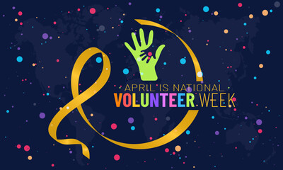 Naklejka premium National Volunteer week. volunteers communities circle ribbon awareness banner or template with gold and colored design in blue background with dot halftone effect. observed on April