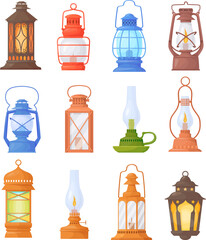 Cartoon oil lanterns. Camping lantern or old kerosene gas lamp with holder for rustic garden, romantic night light camp travelling retro lighting game icon neat vector illustration