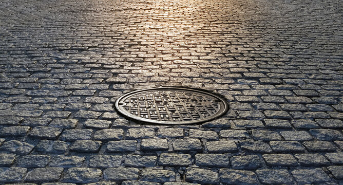 Sunlight shining on a manhole cover in an old cobblestone street in New York City