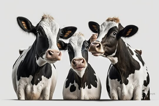 There are three funny cows on a white background by themselves. Three cute cows in a picture. The cows in the group talk to each other. Animals on farms. Generative AI