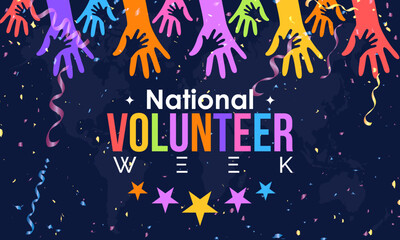 Fototapeta na wymiar Volunteer Appreciation Week. volunteers communities awareness concept banner design with colorful confetti effect with letter and supporting hand in blue background. observed on April