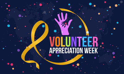 Fototapeta premium Volunteer Appreciation Week. volunteers communities circle ribbon awareness banner or template with gold and colored design in blue background with dot halftone effect. observed on April