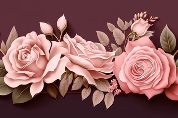 Floral banner, header with copy space. Lilac and roses isolated on dark pastel pink background. Natural flowers wallpaper or greeting card