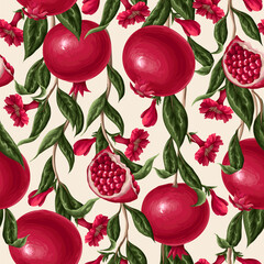 Seamless pattern with .pomegranates branches anf flowers. Vector.