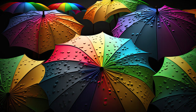 Regenschirme mit Wassertropfen in den Farben der Regenbogenflagge der LGBT-Bewegung (Lesbian, Gay, Bisexual and Transgender). (Generative AI)