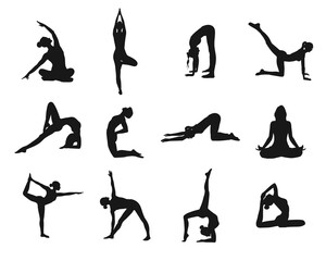 12 silhouette of girls doing yoga sport stretching in black color on white background for apps, cards, banners