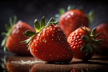 illustration, ripe strawberries on a dark background, ai generative