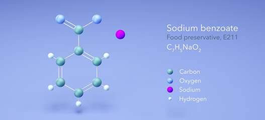 sodium benzoate molecule, molecular structures, food preservative e211, 3d model, Structural Chemical Formula and Atoms with Color Coding