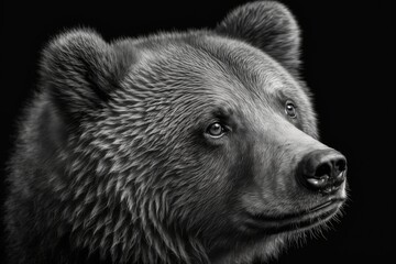 The shape of a brown bear's face in black and white. Face of a bear with a black background. Generative AI