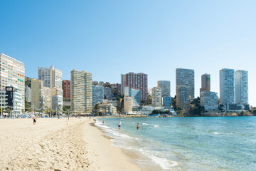 Low season in Benidorm. View to Playa de Levante beach near Mediterranean sea in famous spanish resort Benidorm