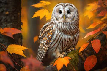 The Ural Owl, Strix uralensis, is sitting on a branch in a Swedish oak forest with orange colored leaves. Generative AI