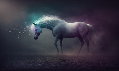 Obraz na płótnie Canvas a white horse standing in the middle of a dark room. generative ai