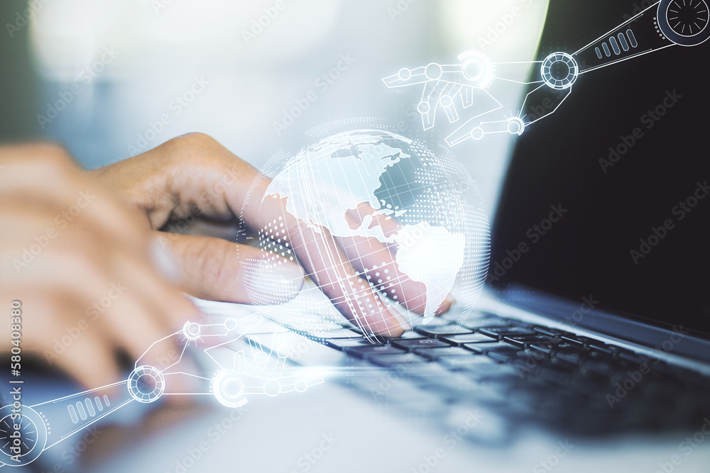 Aufkleber creative abstract robotics technology hologram with globe and hands typing on computer keyboard on b