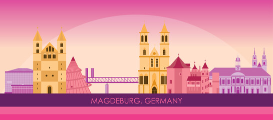 Sunset Skyline panorama of city of Magdeburg, Germany - vector illustration