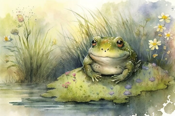 Frog by the pond on a spring day  Generative AI