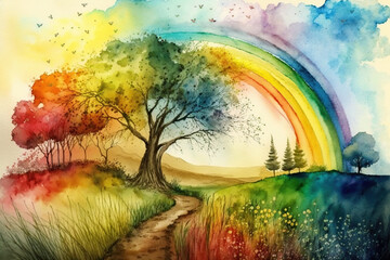 Obraz na płótnie Canvas A path leading to a rainbow through a field of trees Generative AI