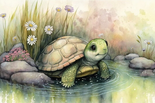 Cute baby turtle smiling by the water on a spring day Generative AI