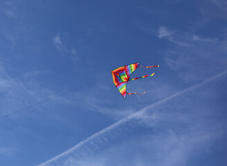 big kite with rainbow colors flies tied on string in the sky